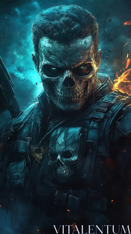 Tactical skull-faced soldier in blue orange volumetric lighting