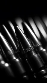 Monochrome close-up view of aligned rifle cartridges.