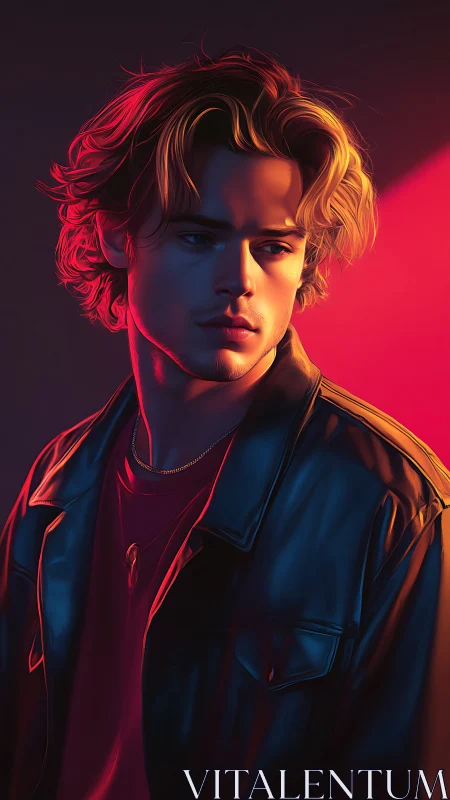 Young man in leather jacket lit by contrasting neon colors