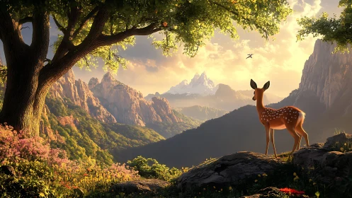 Young deer overlooking distant mountains at sunset.
