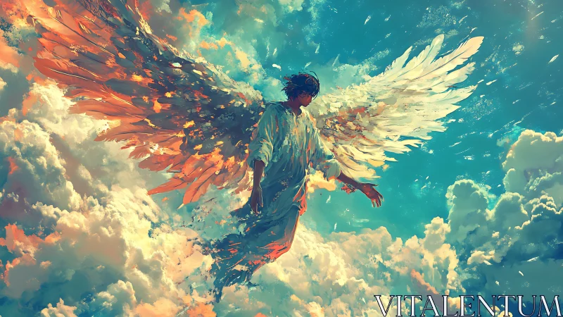 Winged humanoid figure suspended in vivid cloudscape sky.