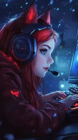 Fox-eared night gamer rides neon blizzard of pixels