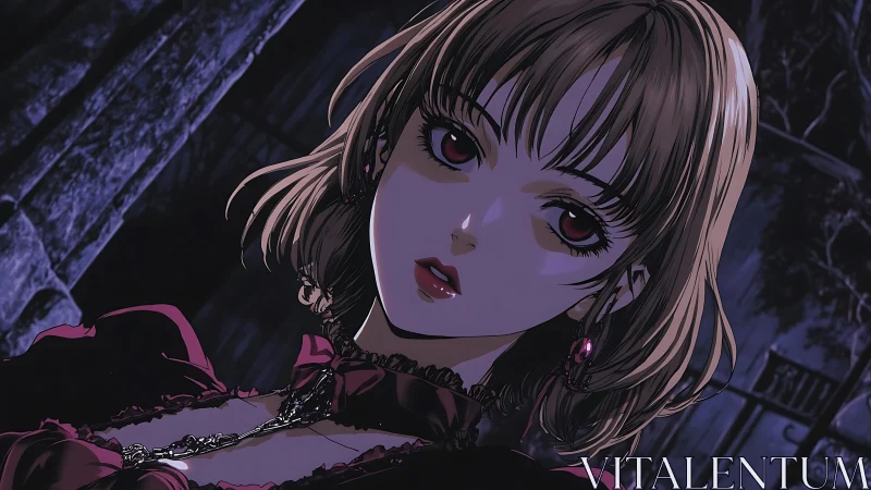 Midnight crimson girl beneath the haunted garden balcony.