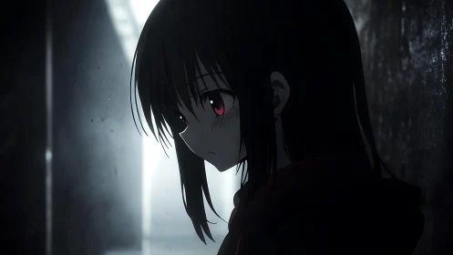 Melancholic anime girl in shadowed hallway contemplates quietly.