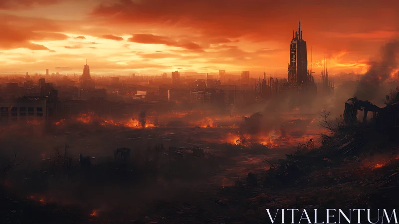 Post‑apocalyptic city ruins under burning orange sky.