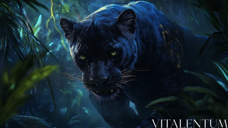 Shadow Beast's Luminous Gaze Pierces Midnight Jungle.