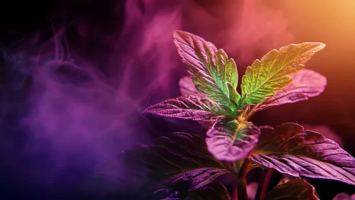 Neon-lit plant leaves in dramatic purple orange haze.