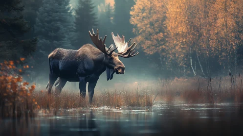 Moose monarch wandering through misty autumn shallows.