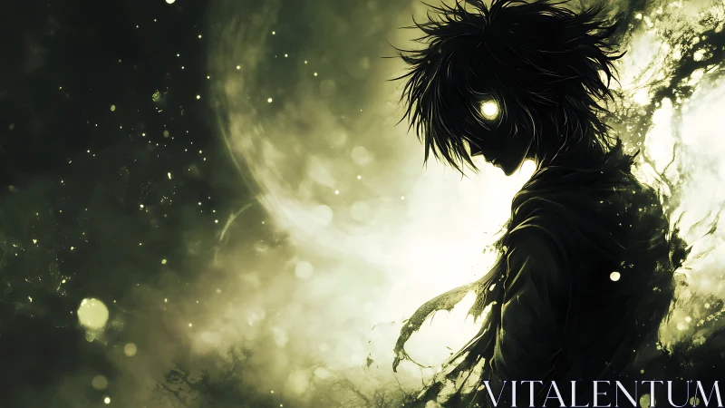 Backlit spectral anime silhouette with luminous cosmic eyes