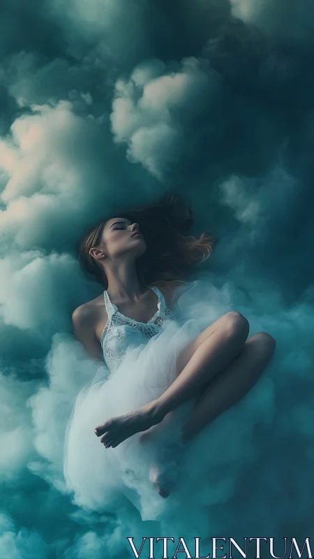 Woman in white dress resting amid teal tinted clouds.