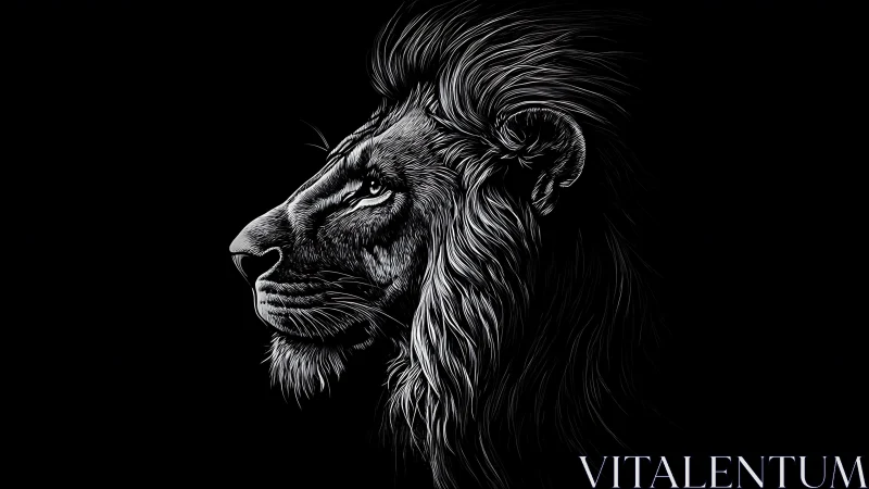Monochrome lion profile illustration with dramatic rim lighting.