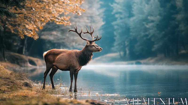 Cervid subject at misted lakeshore in balanced autumnal luminance.