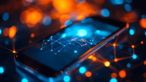 Cyberpunk smartphone network mesh with neon bokeh lighting.