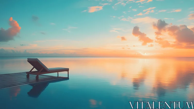 Lounge chair on coastal deck at calm reflective sunset scene.