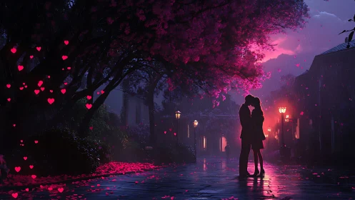 Neon Heart-Particle Rain Under Bioluminescent Canopy with Silhouetted Embrace