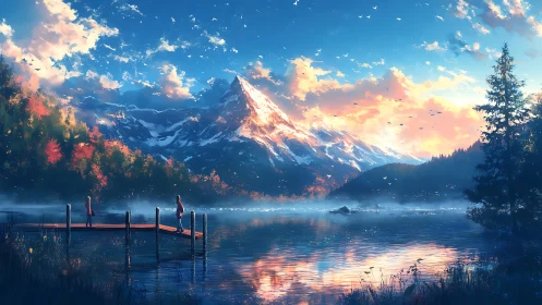 Peaceful lakeside morning beneath glowing mountain peaks.