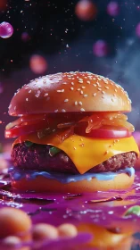 Juicy neon cheeseburger glows in a playful cosmic splash