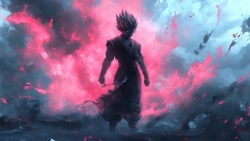 Stormlit warrior strides through wildfire sky in neon rage