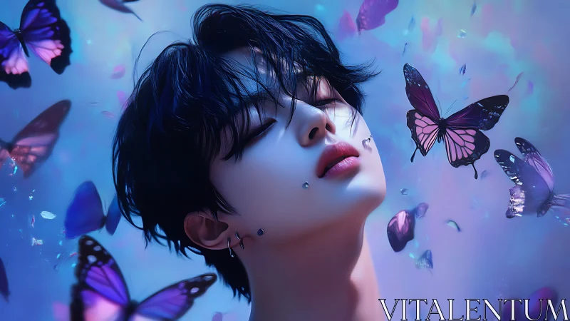 Dreamy youth surrounded by gentle, luminous butterflies.