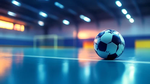 Indoor futsal ball resting on polished court under cool lights