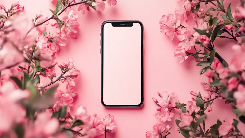 Smartphone Blooming: Digital Device Nestled Among Spring's Pink Petals