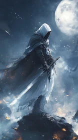 Hooded moonlit warrior stands vigilant above a burning world