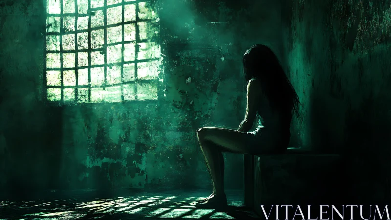 Solitary figure resting in a moody green-lit chamber.