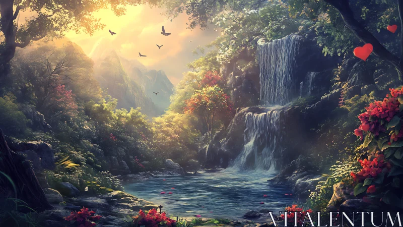 Romantic fantasy forest waterfall and tranquil pond scene.