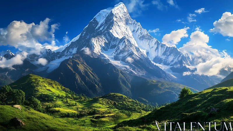 Snowbound mountain peak rises above vivid green valley