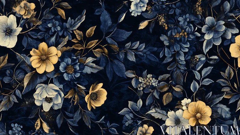 Baroque Floral Tapestry with Aurum and Prussian Blue Botanical Motifs.