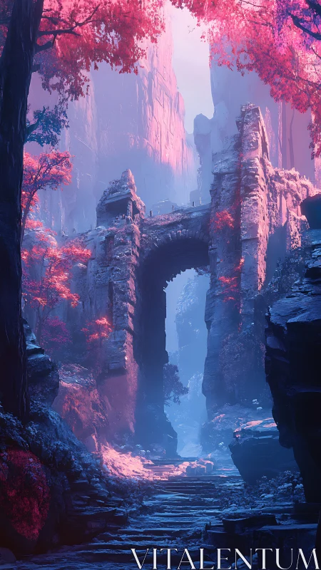 Ruined stone archway in neon-lit canyon with volumetric haze