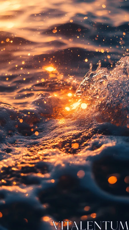 Golden sunset surf ignites dynamic ocean spray.