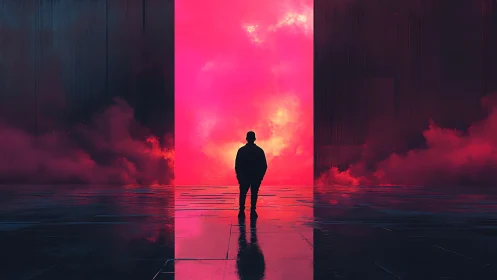 Backlit silhouette before neon vapor corridor threshold portal.