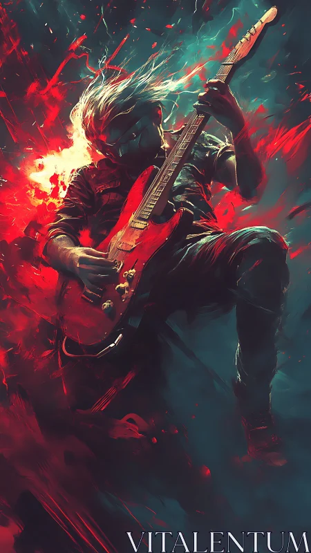 Explosive digital painting of electric guitarist in motion blur