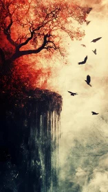 Tree silhouette overlooks vertical drop with birds in flight