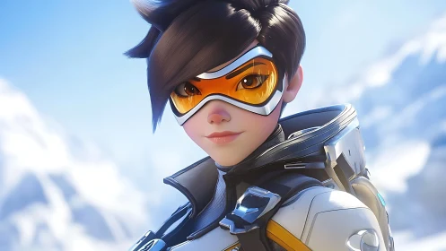 Female sci‑fi character in white suit against snow backdrop.