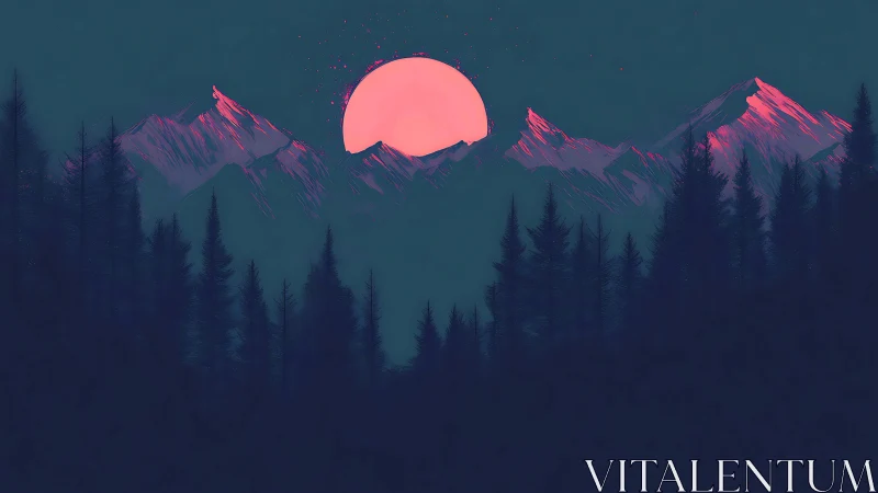 Digital landscape depicts silhouetted forest and pink sun