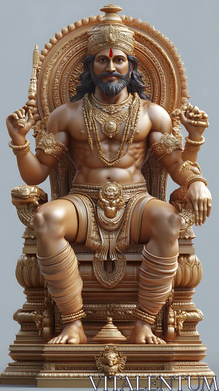 Regal golden deity seated on ornate sculpted throne.