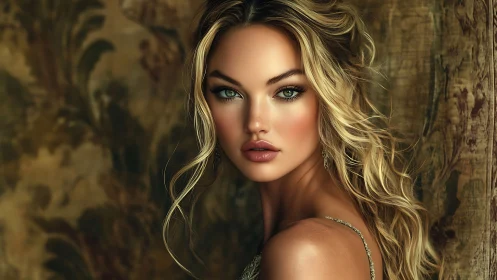 Golden gaze amid baroque shadows, portrait of quiet fire.