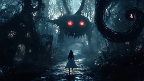 Girl confronts monstrous red-eyed entity in haunted forest