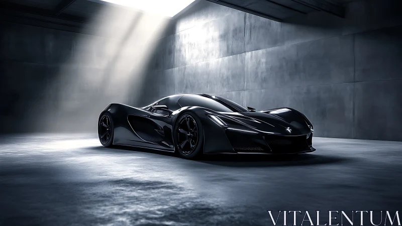 Black low-profile supercar in minimal concrete studio setting.