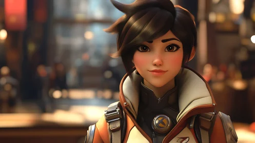 Stylized sci fi heroine in warm cinematic interior scene.