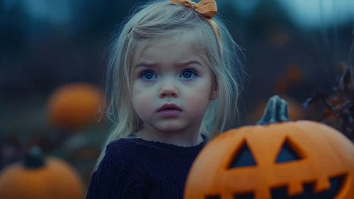Young Girl with Blonde Hair in Halloween Scene.