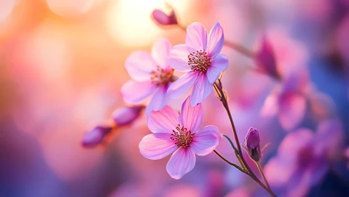 Delicate Pink Cosmos Flowers Bloom in Soft Sunlit Haze.