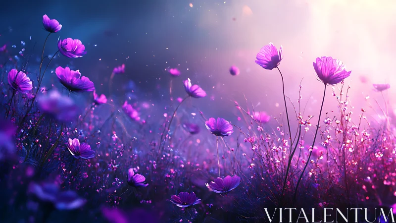 Purple Cosmos Flowers in Dreamlike Field at Sunset.