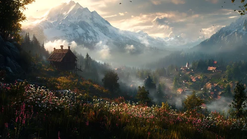 Mountain valley with cabin, village, and dense wildflowers.