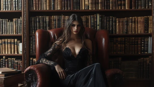 Low key portrait of woman in leather armchair amid aged bookshelves