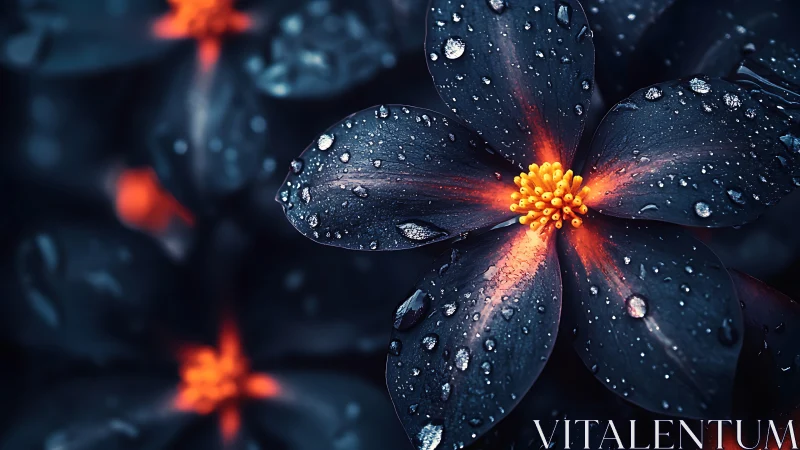 Dark petaled flower with glowing yellow center and water droplets.