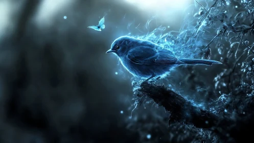 Luminous blue songbird radiates ethereal forest energy