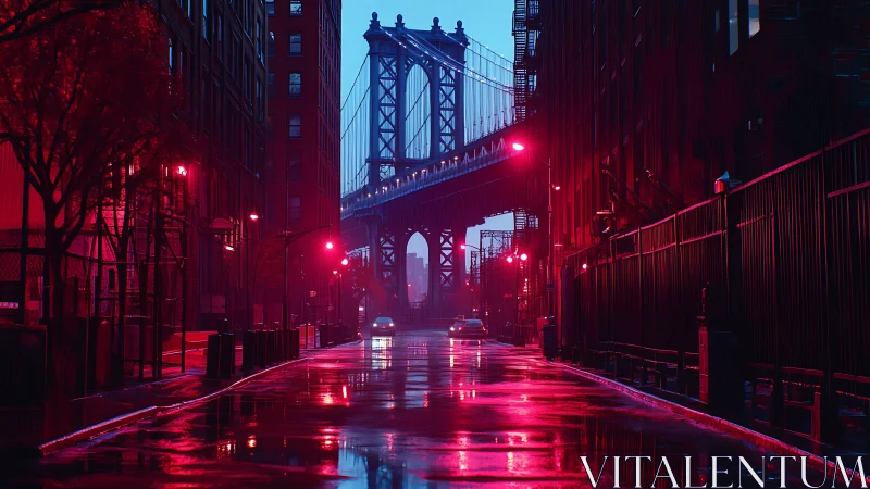 Neon rain polishes a midnight bridge into liquid chrome